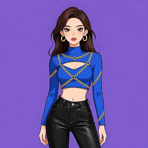 Digital anime-style illustration of a fair-skinned woman with long brown hair, blue crop top with chain accents, black leather pants, and hoop earrings,