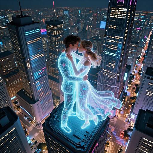 Digital art: Glowing, neon blue wireframe couple kissing on a skyscraper rooftop, overlooking a vibrant, cityscape at night.