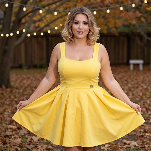 Photograph of a curvy, light-skinned woman with shoulder-length blonde curls, wearing a bright yellow, sleeveless, flared dress, smiling