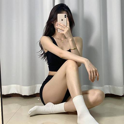 Stylish Woman Posing on Tiled Floor