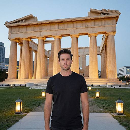 Photograph of a young man with short dark hair and light stubble, wearing a black t-shirt, standing in front of an illuminated Parthenon