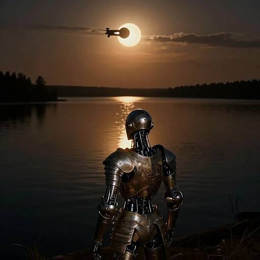 Photograph of a shiny, reflective metal humanoid robot standing by a calm lake during sunset, with a helicopter illuminated by the sun in the sky.