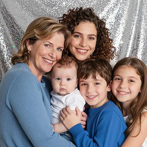Multi-Generational Family Portrait with Silver Sparkly Background