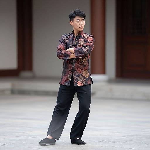 Photograph of an Asian man with short black hair, wearing a patterned red and black shirt, black pants, and black shoes, standing with crossed