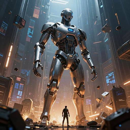 CGI sci-fi artwork: towering, silver humanoid robot with glowing blue eyes stands in a futuristic, neon-lit cityscape, surrounded by debris and
