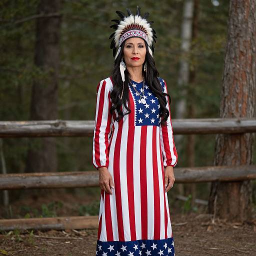 Photograph of a woman with long black hair, wearing a white feathered headpiece, red and white striped dress with an American flag pattern, standing