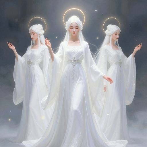 Photograph of three ethereal women in white, flowing robes with haloed heads, standing in a mystical, glowing, dark background.