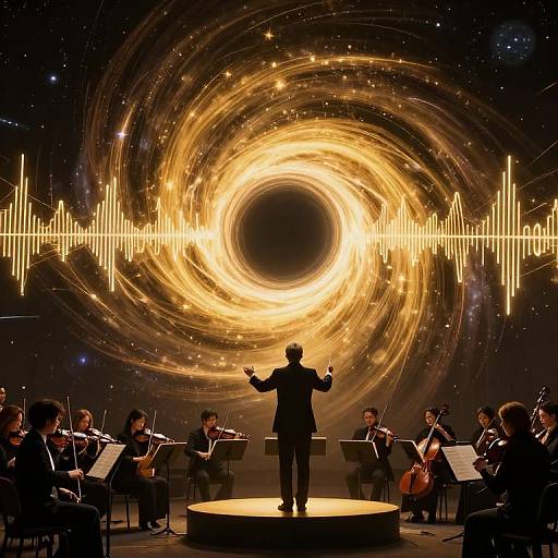 Photograph of a conductor silhouetted on stage, standing with arms outstretched, facing a swirling golden galaxy backdrop with ECG lines.