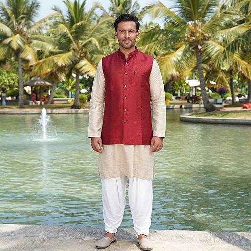 Photograph of a smiling South Asian man with short black hair, wearing a red vest and white kurta, standing in front of a palm tree-lined