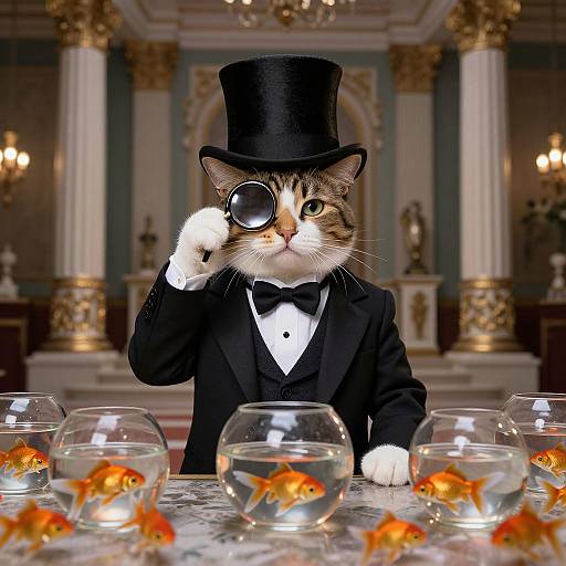Photograph of a tabby cat in a black tuxedo and top hat, examining a fishbowl with goldfish using an eyeglass