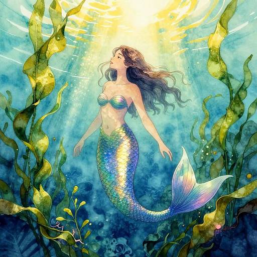Digital artwork of a shimmering mermaid with flowing black hair, glowing green and blue scales, and a yellow-green seashell top, floating in