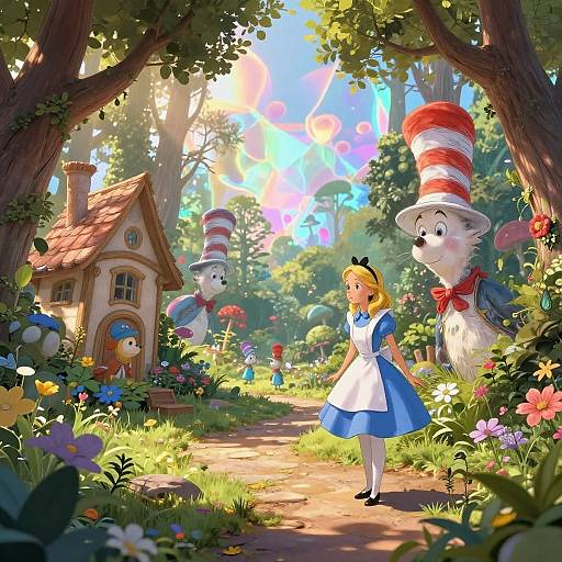 Whimsical digital illustration of Alice in a blue dress, surrounded by tall, red-striped cats, in a sunlit, flower-filled forest with a