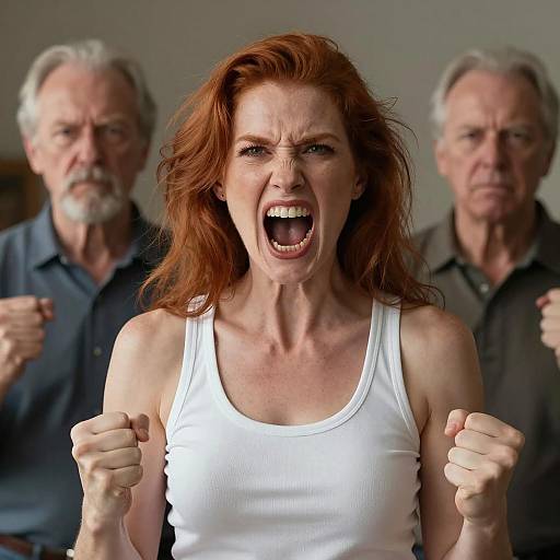 Angry Red-Haired Woman with Older Men
