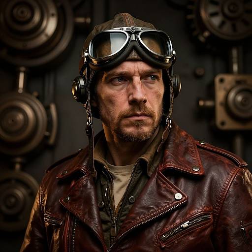 Photograph of a serious, bearded man in a brown leather aviator hat with goggles, brown leather jacket, and headset, against a dark,