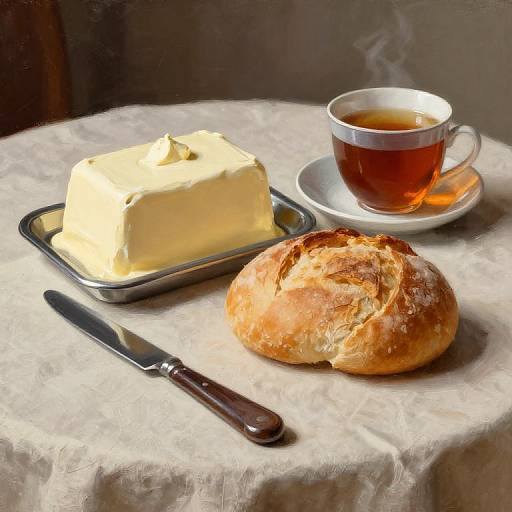 Photograph of butter block, warm tea, crusty loaf, and butter knife on white cloth table, soft natural light.