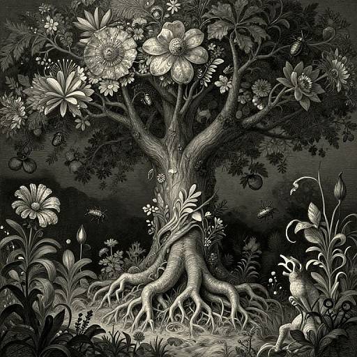Intricate black-and-white woodcut of a mystical tree with entwined roots, large flowers, and a small, curious creature at its base