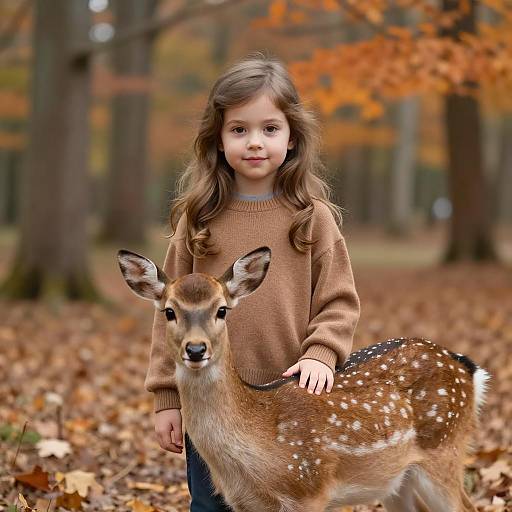 Young Girl with Deer in Autumn Forest