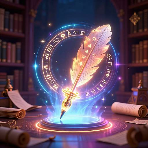 Digital art: Illuminated feather quill floating above a glowing magical circle with 
