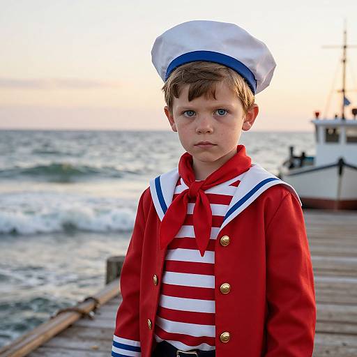 Photograph of a young boy in a red sailor outfit with white and red striped shirt, white hat, and blue trim, standing on a wooden pier