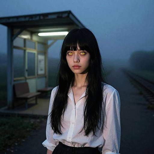Photograph of a pale, young woman with long black hair, glowing yellow eyes, wearing a white blouse, standing in front of a dimly lit