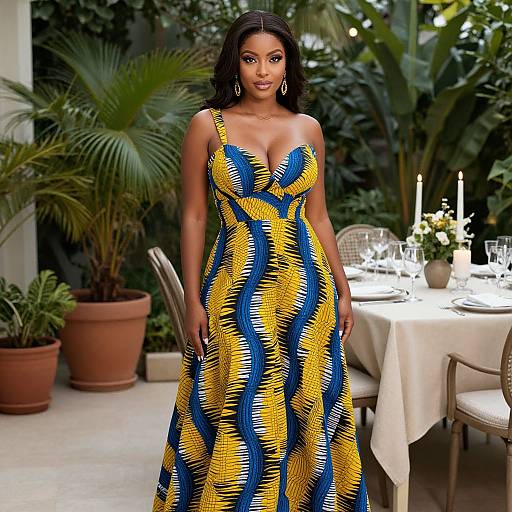 Photograph of an elegant Black woman with dark skin and long hair, wearing a vibrant yellow and blue patterned dress, standing in a lush, outdoor