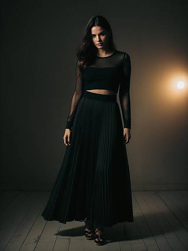 Woman in Sheer Black Pleated Maxi Dress