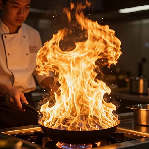 Photograph of an Asian male chef in a white jacket, stirring a metal frying pan engulfed in bright, orange flames on a stovetop