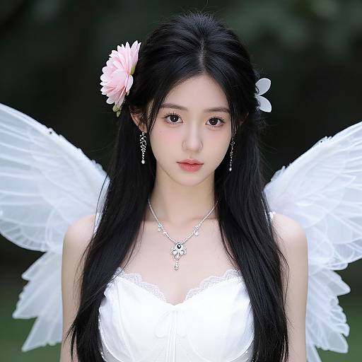 Photograph of an East Asian woman with long black hair, white angel wings, pink flower in hair, wearing white lace top and silver necklace, set