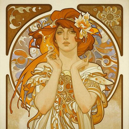 Art Nouveau-style digital illustration of a fair-skinned woman with red hair, adorned with white and orange flowers, wearing an ornate, flowing dress