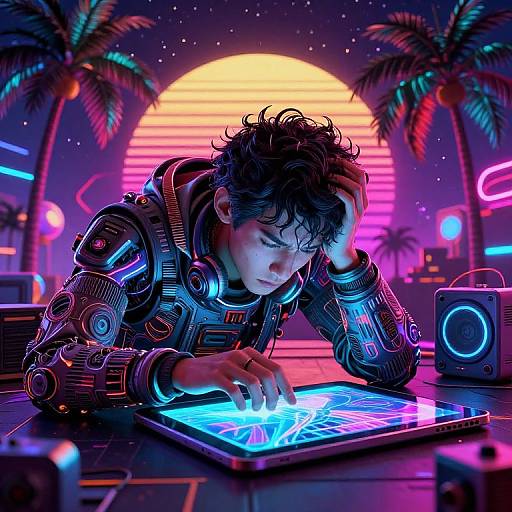 Despairing Digital Tablet on Trippy 80s Background