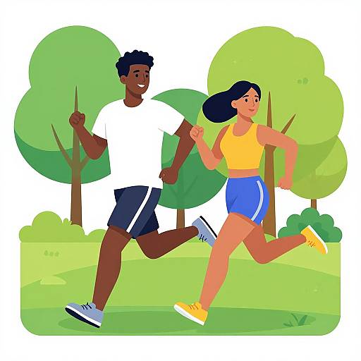 Colorful illustration of a smiling Black man and Asian woman jogging together in a green park with trees, wearing athletic clothes.