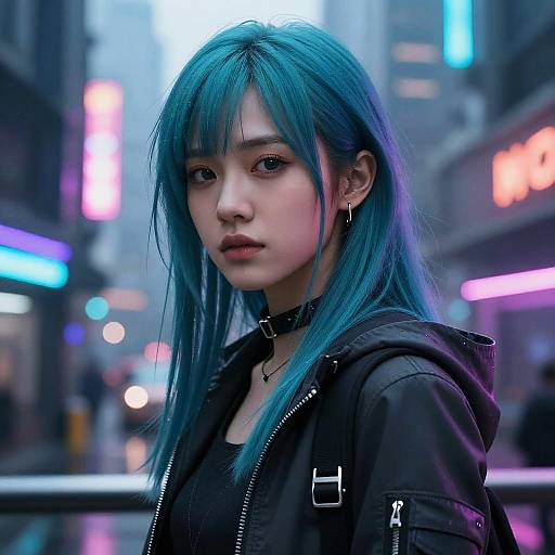 Cyberpunk photograph of an Asian woman with blue hair, black choker, and hoodie, standing in a neon-lit urban alleyway.