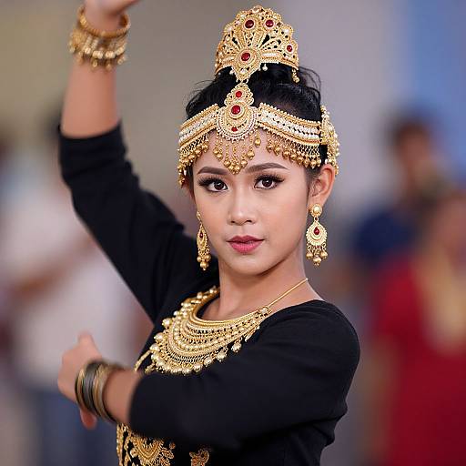 Photograph of an Asian woman with fair skin, black hair in an updo, wearing elaborate gold traditional jewelry and black attire, performing a dance with