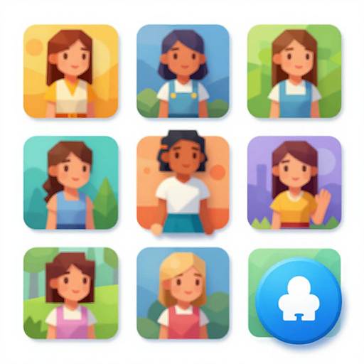 Digital illustration of nine cartoon-style female characters with diverse hair colors and outfits, in colorful squared frames, with a blue 
