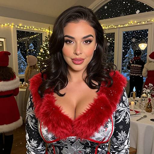 Photograph of a beautiful Latina woman with dark wavy hair, wearing a black and white floral dress with a red fur trim, standing in a festive