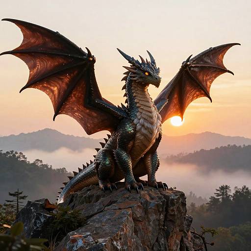 Photograph of a majestic, blue-scaled dragon with dark red, veined wings, standing on a rocky cliff at sunset, orange sky, mist