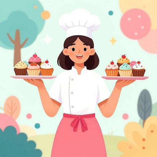Cheerful Pastry Chef with Cupcakes