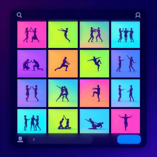 Digital screen displaying a neon grid of 16 colorful squares, each with a silhouetted dance pose in various dynamic positions.