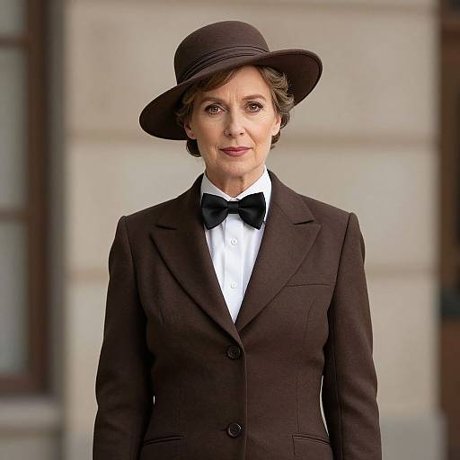 Elegant photograph of a middle-aged woman in a brown suit, black bow tie, and wide-brimmed hat, standing against a blurred, light