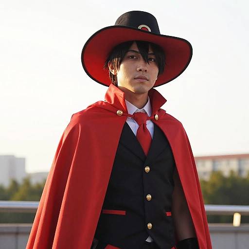 Photograph of a young Asian man with black hair, wearing a red-caped black suit, white shirt, red tie, and black hat, standing