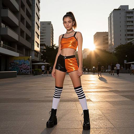 Photograph of a young woman in an urban setting at sunset, wearing a glittery orange and black crop top, black shorts, white knee-high socks