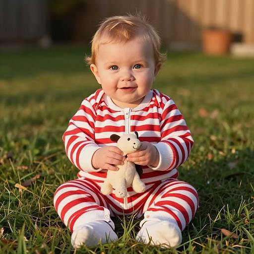 Photograph of a smiling, blonde, fair-skinned baby in red-and-white striped onesie, sitting on green grass, holding a white stuffed animal