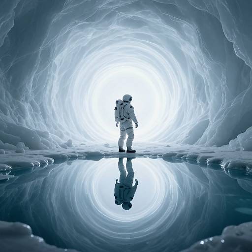 Digital artwork of a lone astronaut in a white spacesuit standing at the entrance of a glowing, icy cave, with a reflective pool below. Bright,