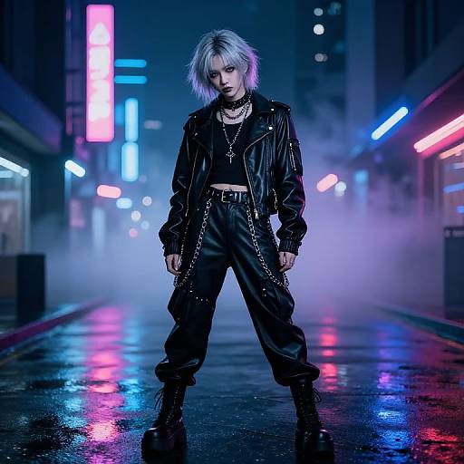 Silver-Haired Goth Youth in Cyberpunk City