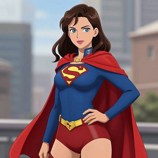 Digital illustration of a confident, blue-eyed, brunette Superwoman with a red cape, blue bodysuit, and 