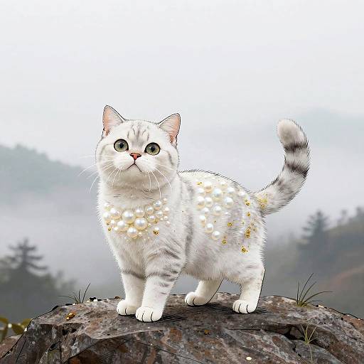 Whimsical Cat in Misty Mountains