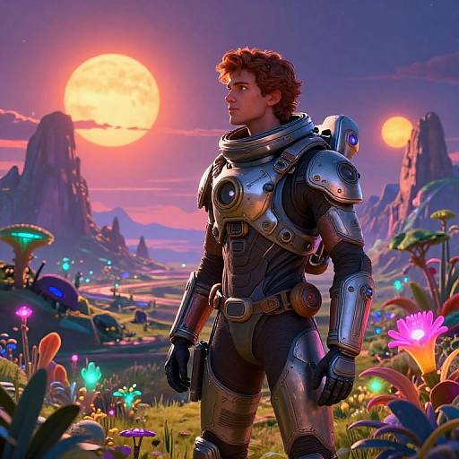Photorealistic CGI of a muscular man in futuristic silver armor standing in a vibrant, alien landscape with glowing flora and twin suns at sunset.