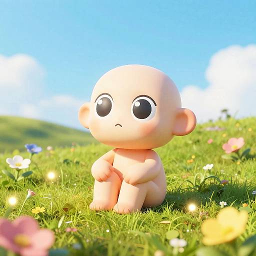 Chibi Character Sitting on Grassy Hill