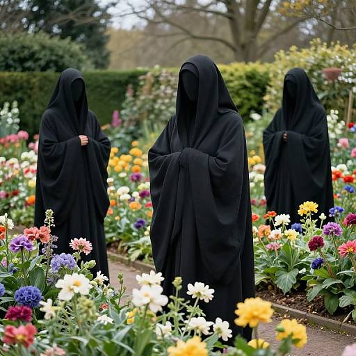 Three veiled women in black cloaks stand in a colorful flower garden with vibrant blooms, surrounded by greenery and trees. Photograph.