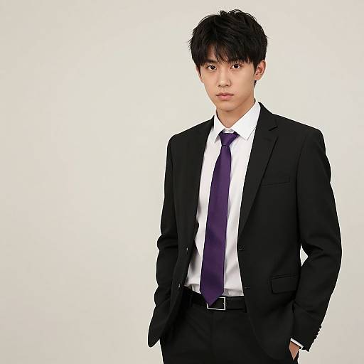 Photograph of an Asian man with black hair, wearing a black suit, white shirt, and purple tie, standing against a white background.